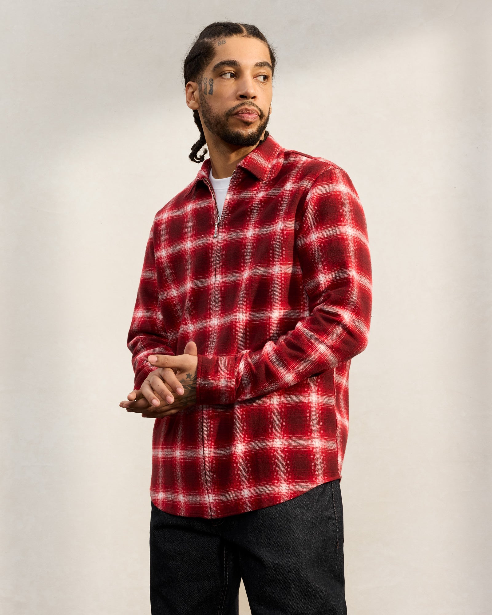 Zip Front Shadow Plaid Shirt - Red IMAGE #2