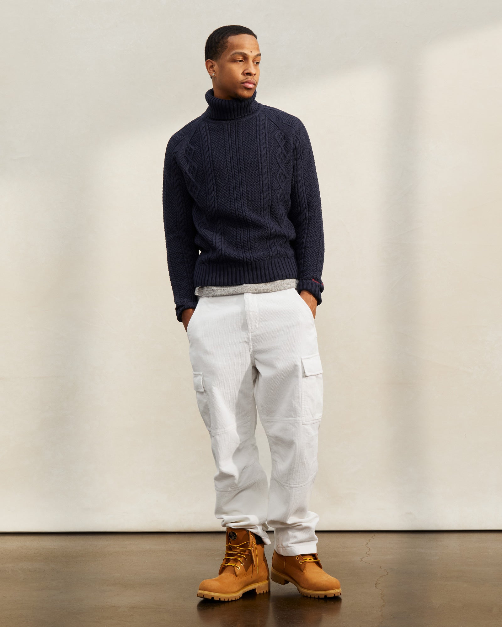 Cable Knit Turtleneck Sweater - Navy IMAGE #2