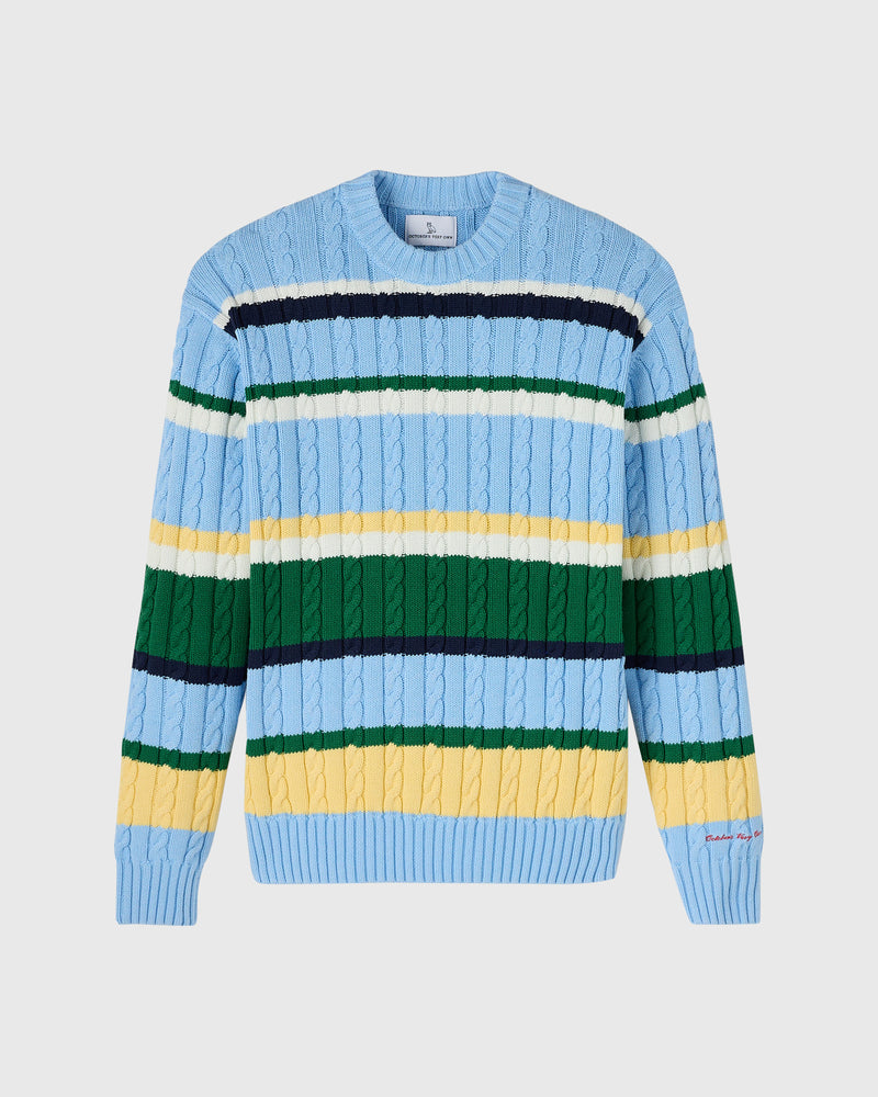Script Wordmark Stripe Cable Knit Sweater - Light Blue/Multi
