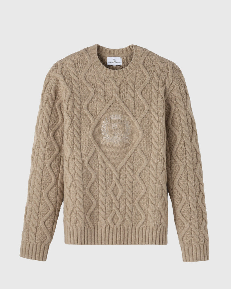 Cable Knit Sweater With Crest - Camel