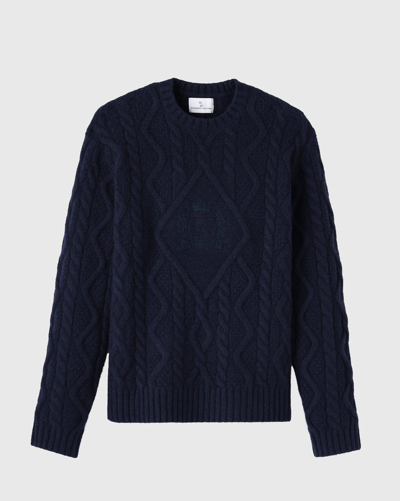 Cable Knit Sweater With Crest  - Navy