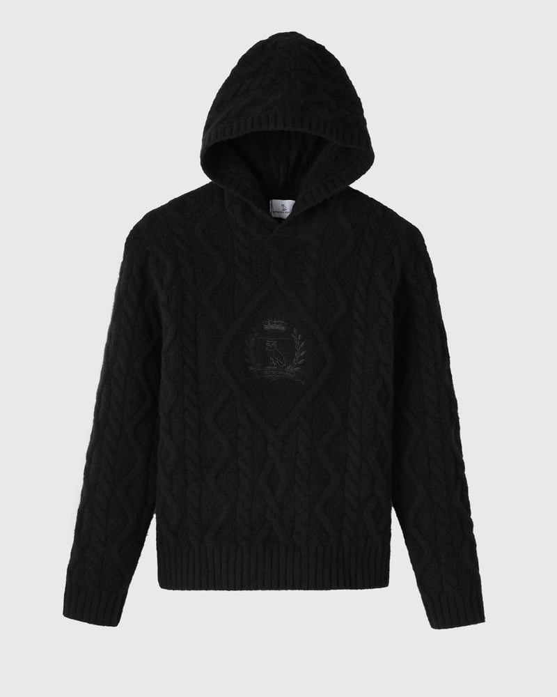 Cable Knit Hoodie With Crest - Black