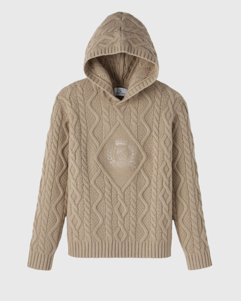 Cable Knit Hoodie With Crest - Camel