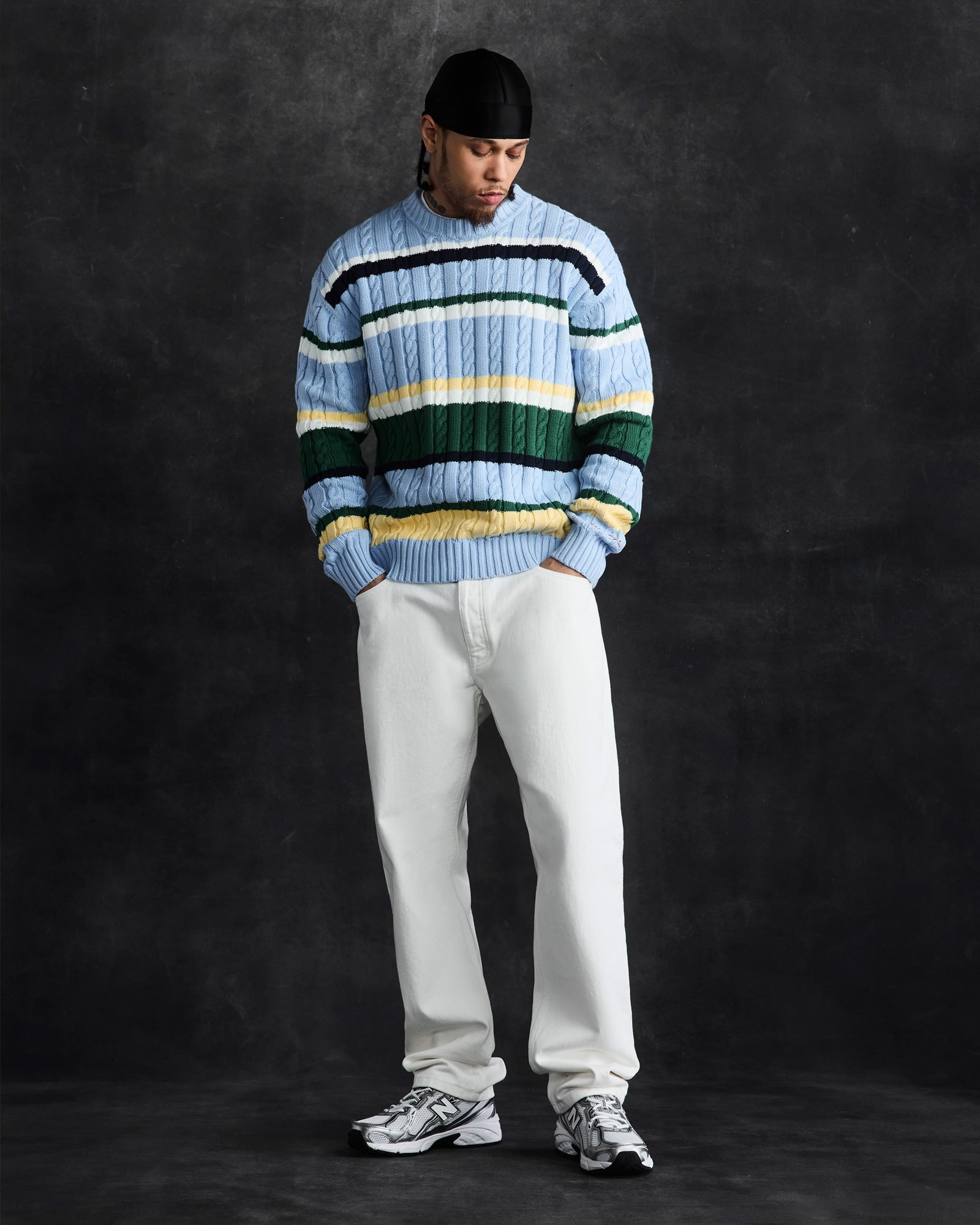 Script Wordmark Stripe Cable Knit Sweater - Light Blue/Multi IMAGE #2