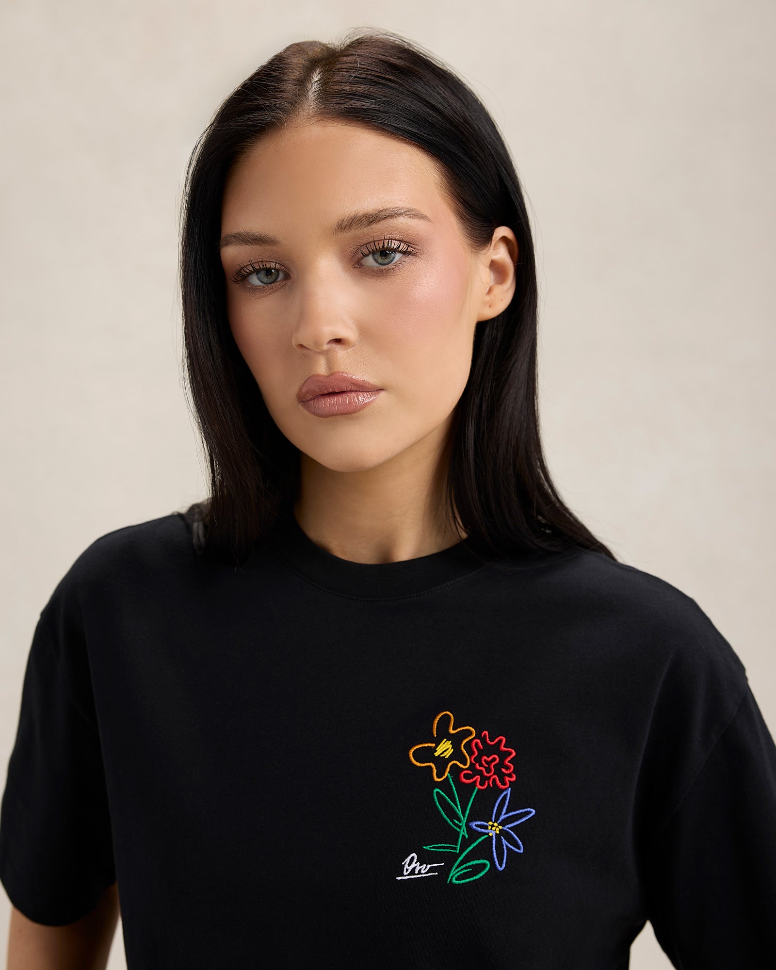 Brush Stroke Flower Cropped T-Shirt - Black IMAGE #2