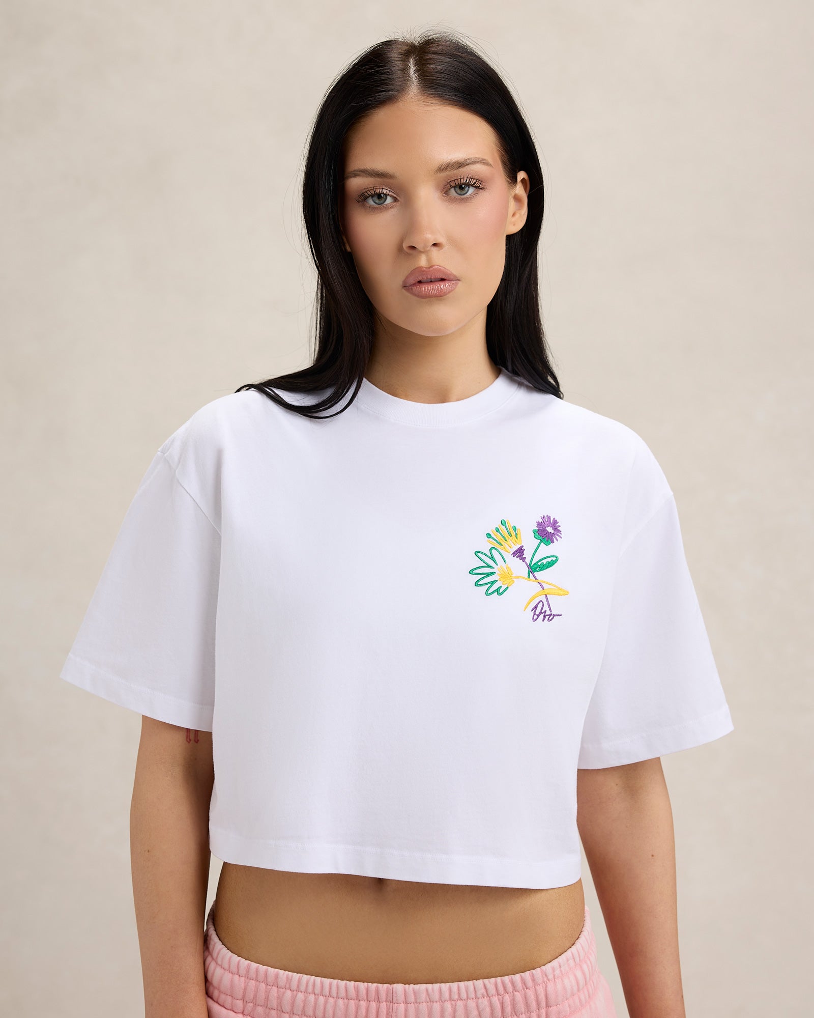 Brush Stroke Flower Cropped T-Shirt - White IMAGE #2