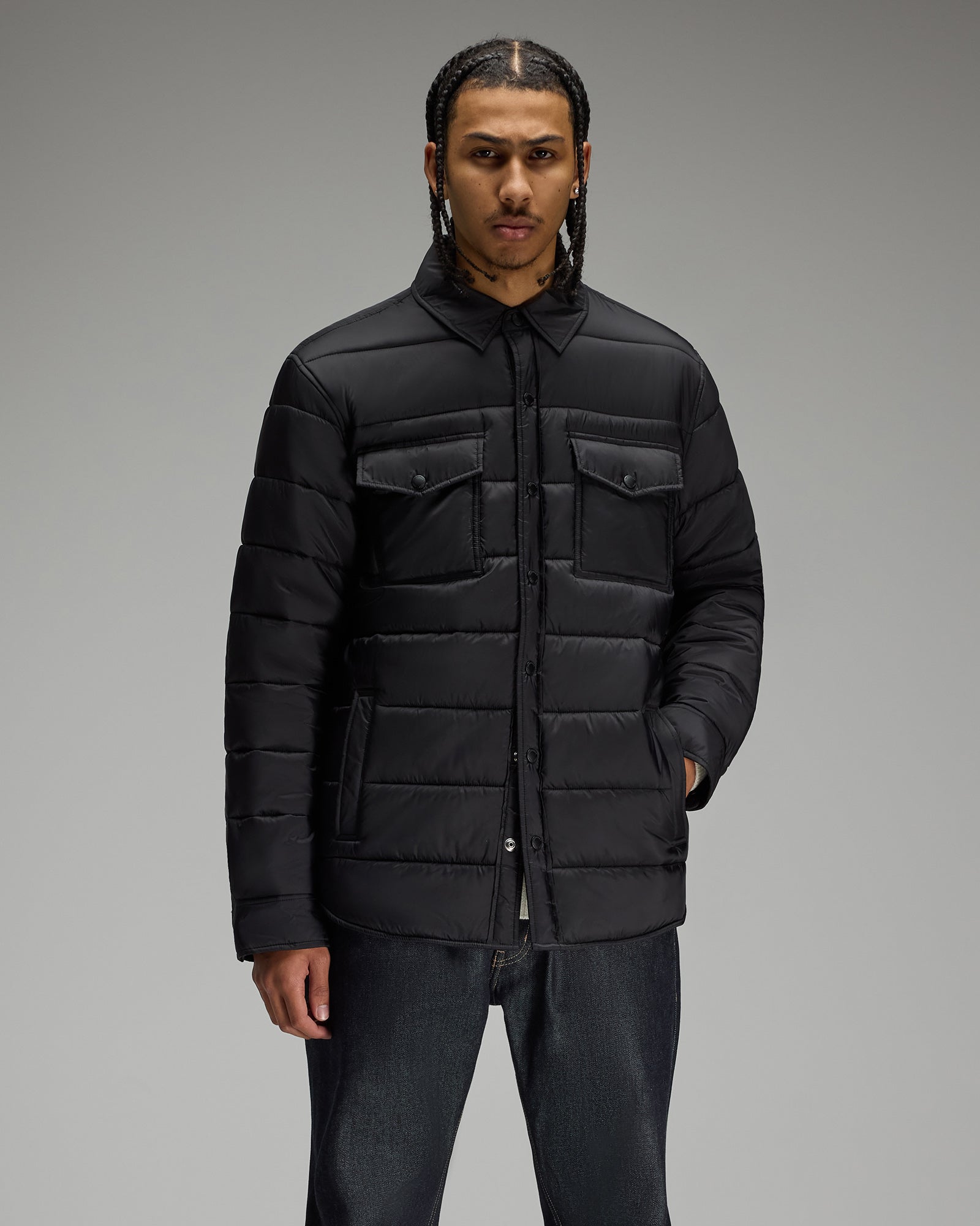 Nylon Quilted Shirt Jacket - Black IMAGE #3