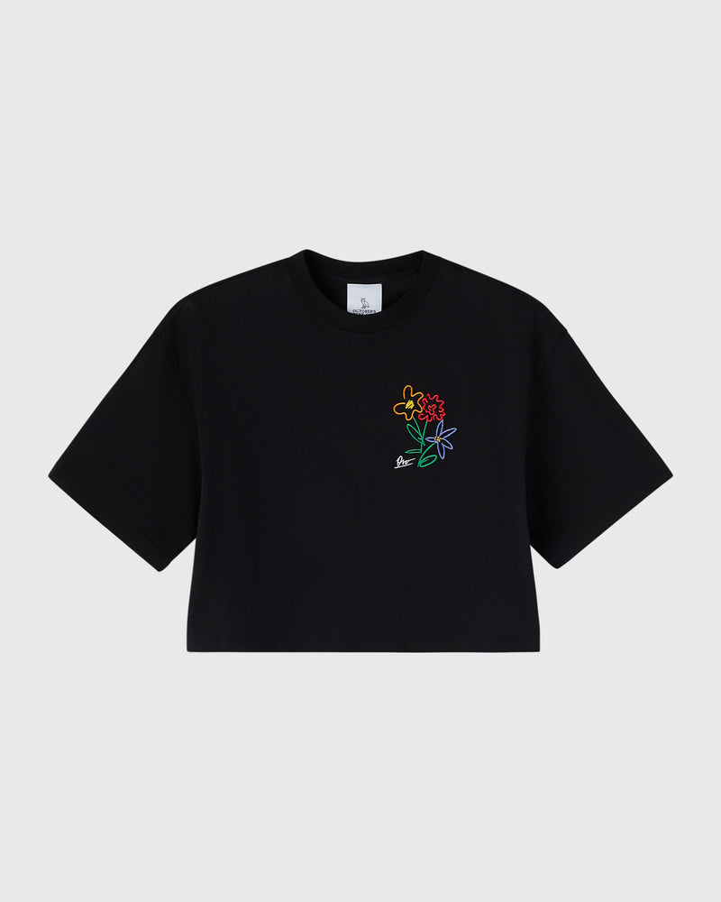 Brush Stroke Flower Cropped T-Shirt - Black