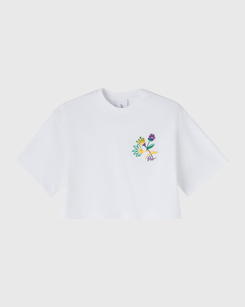 Brush Stroke Flower Cropped T-Shirt - White