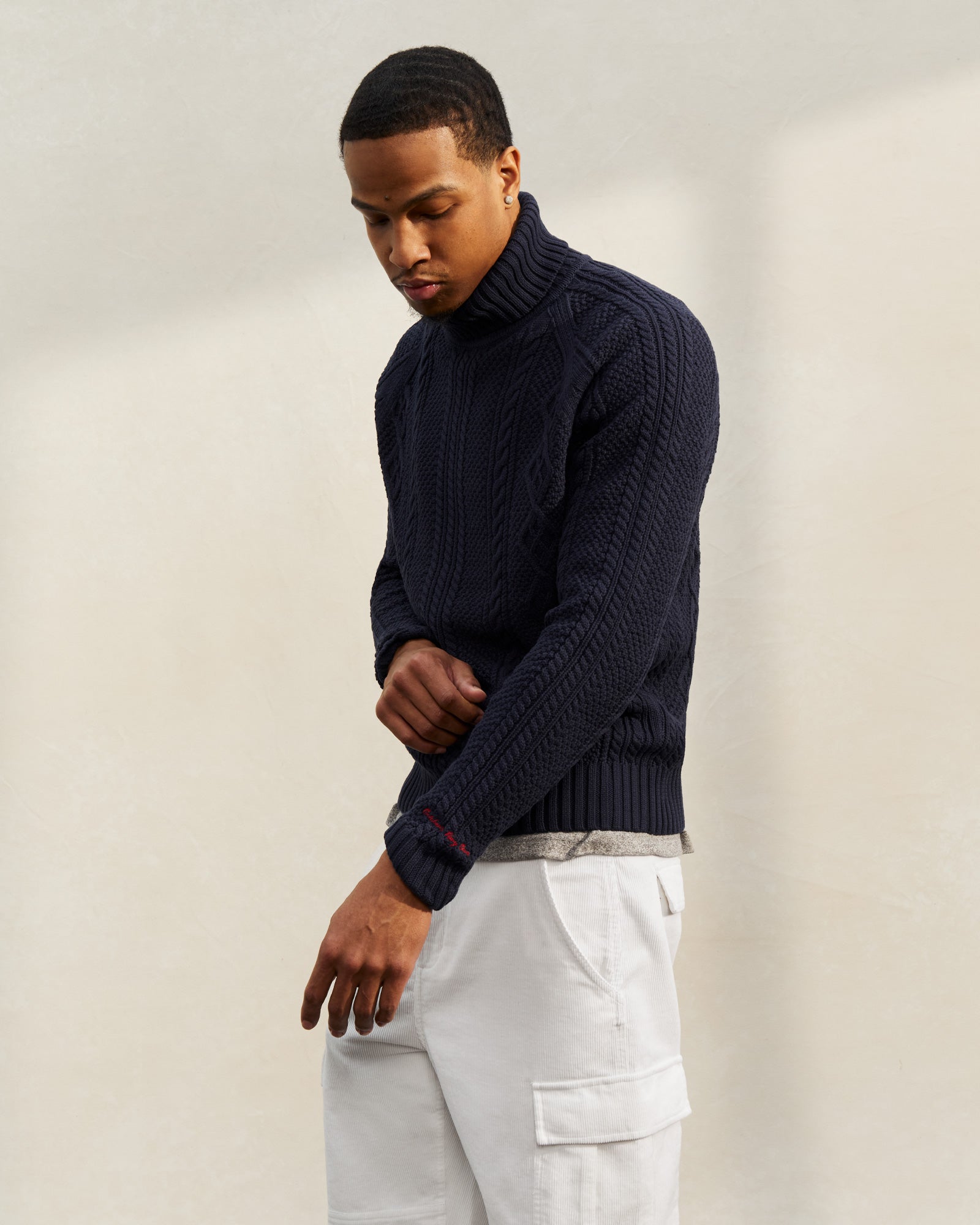 Cable Knit Turtleneck Sweater - Navy IMAGE #3