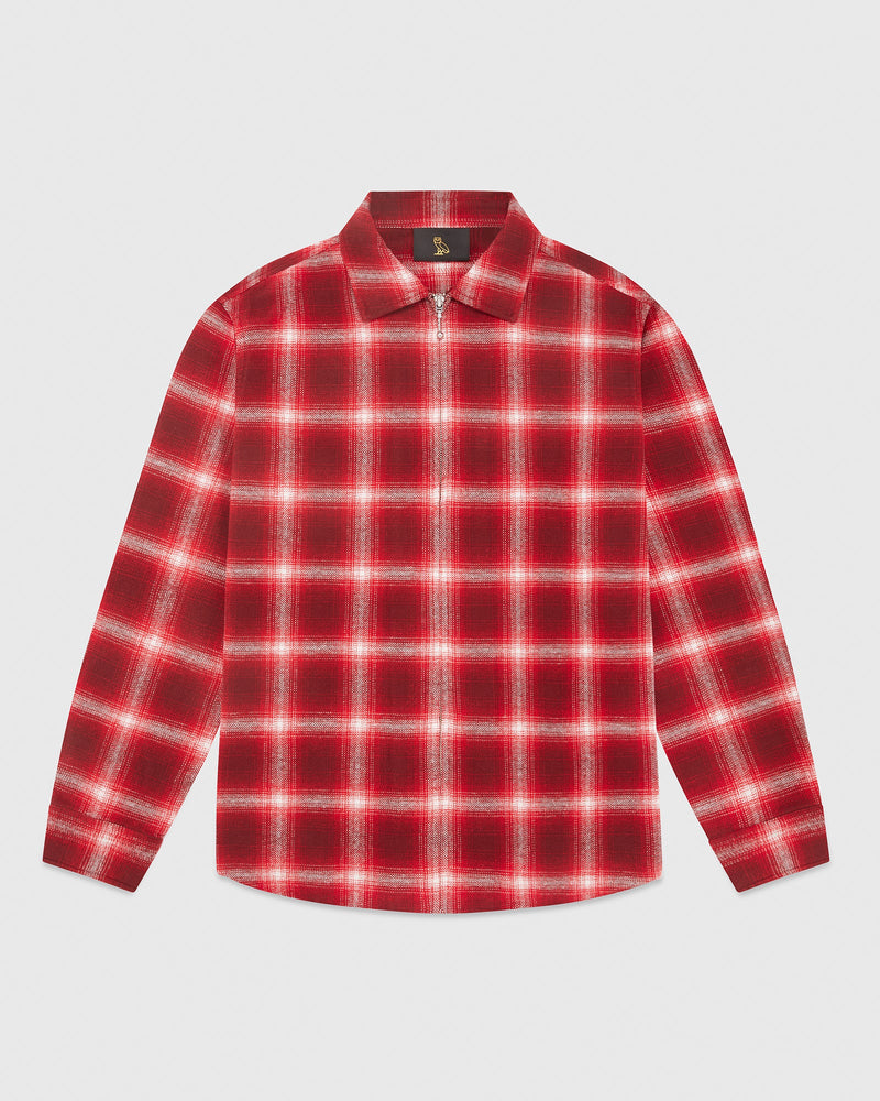 Zip Front Shadow Plaid Shirt - Red
